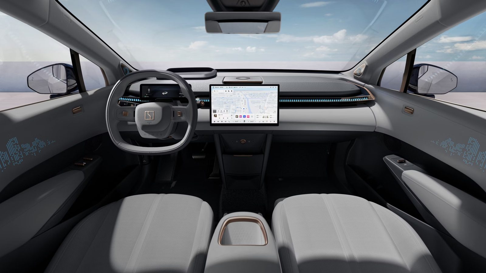 Interior do ZEEKR X em Charcoal Black com detalhes dourados